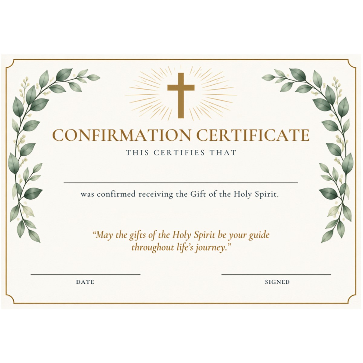 Confirmation Certificate - Gold Cross & Foliage Design