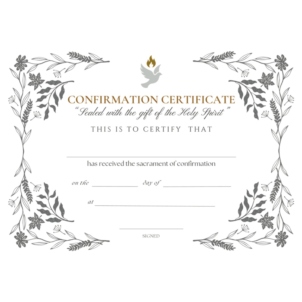 Confirmation Certificate - White Dove & Flame Design