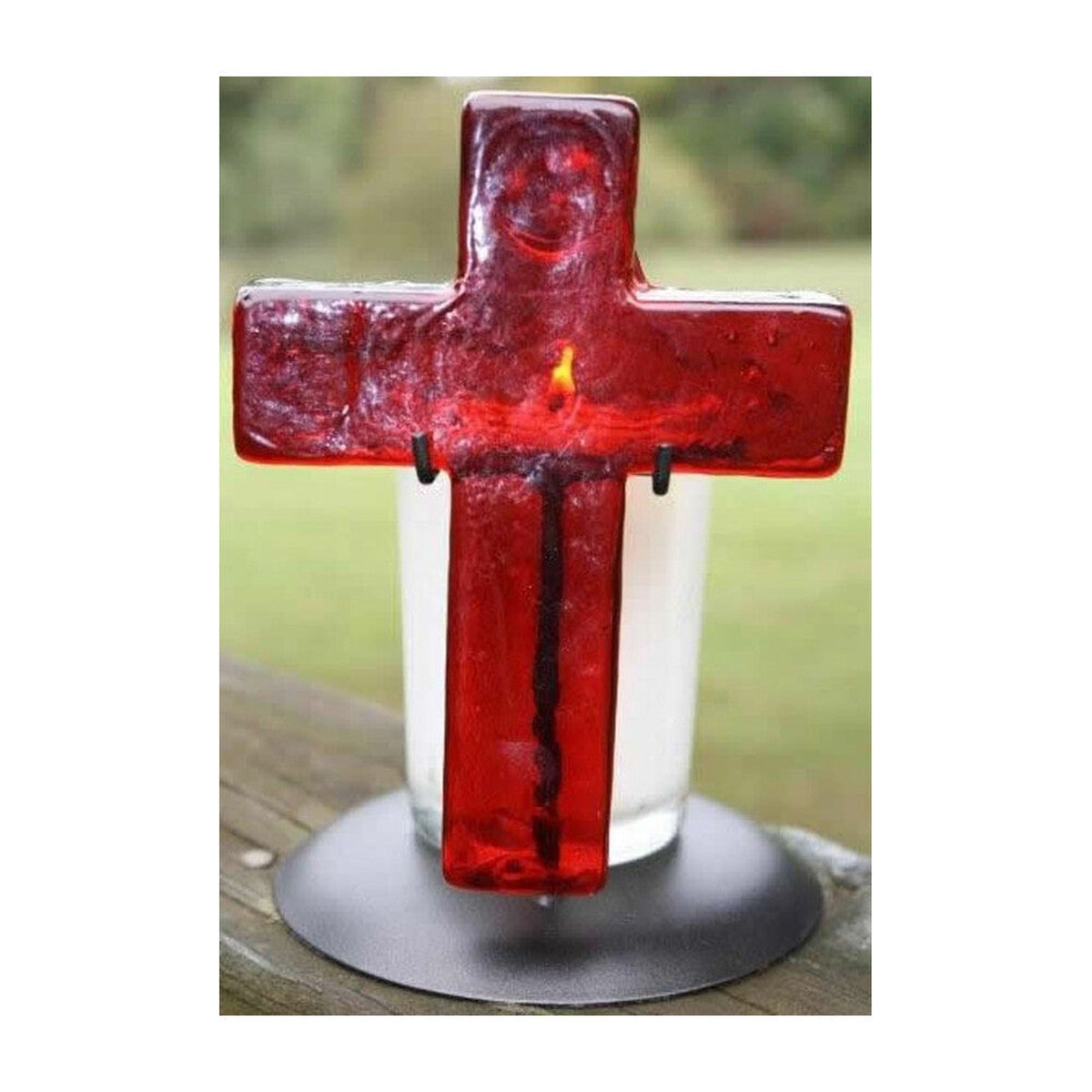 Glass Cross & Candle - Ruby