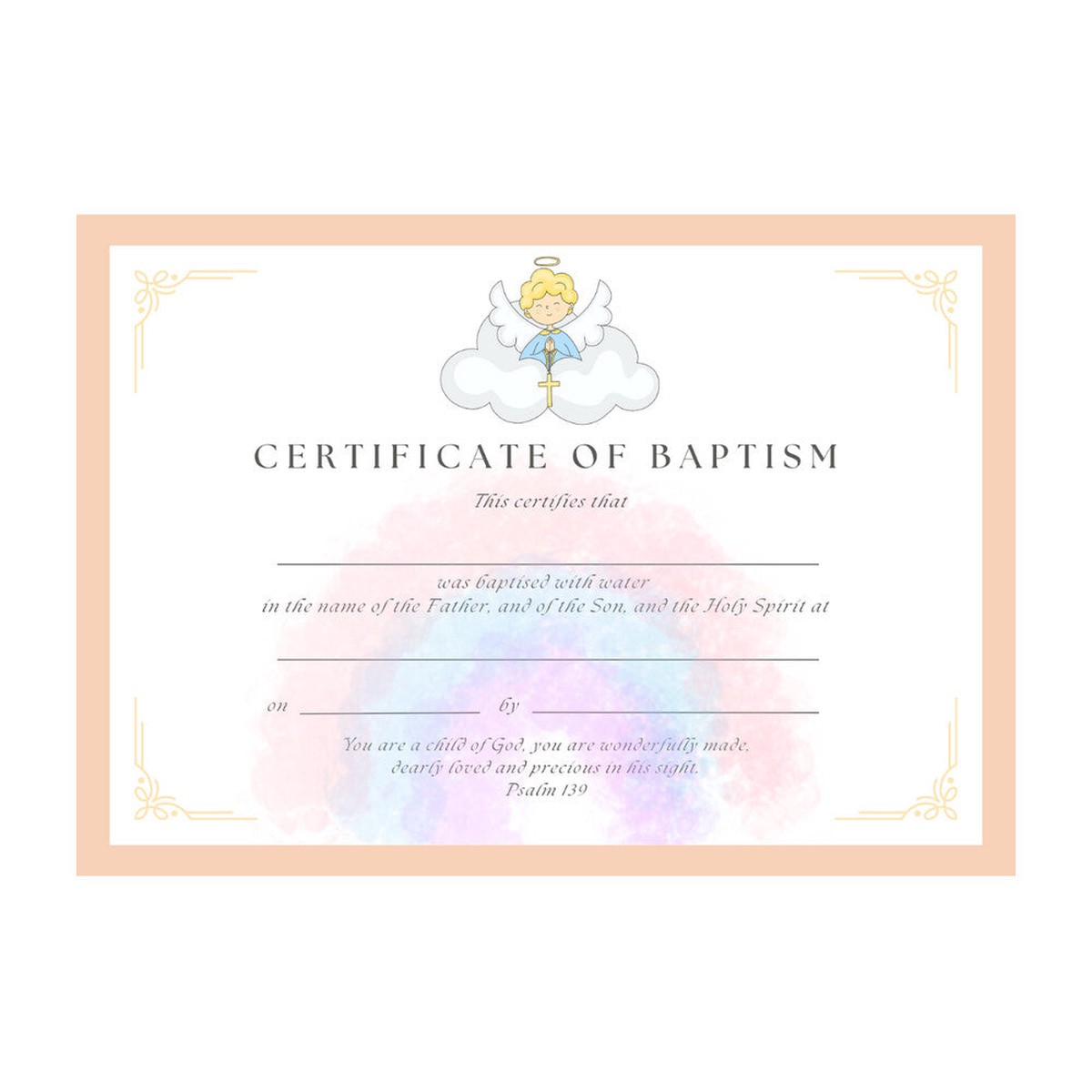 Baptismal Certificate with Angel & Rainbow Design