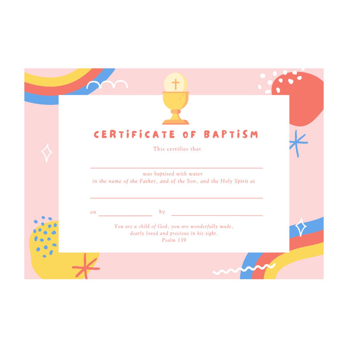 Baptismal Certificate with Colourful Rainbow Design