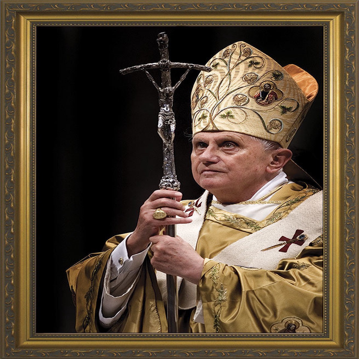 Pope Benedict with Paschal Staff Matted - Black Framed Art
