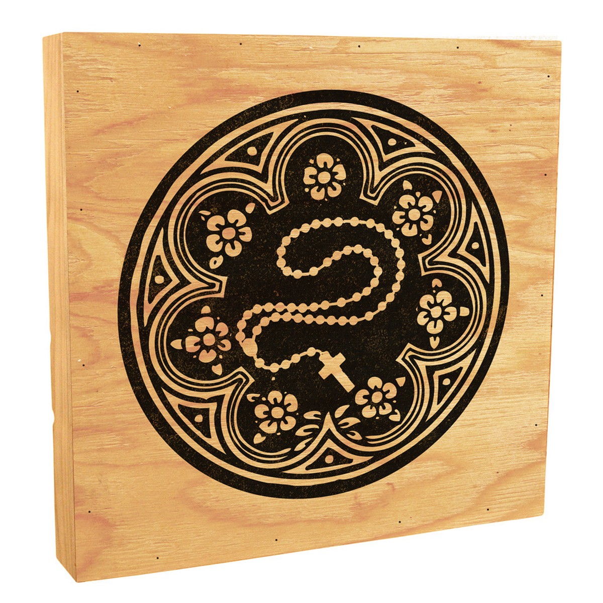 Rosary Woodcut Rustic Box Art